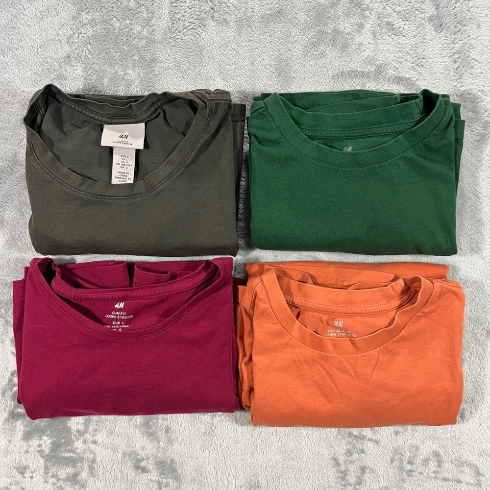 H&M T-Shirt Bundle of 2 Mens L/M Green Orange Burgundy Stained 4pk Basics